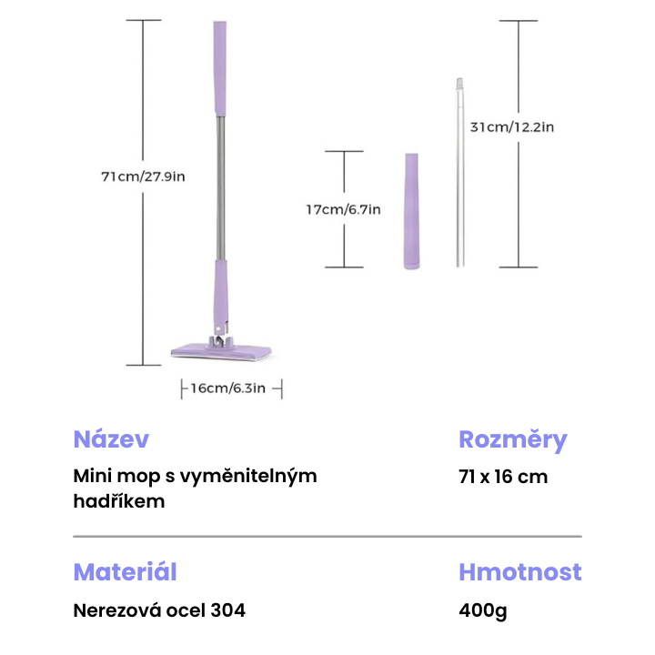 Mini mop s výměnným hadříkem, design rukojeti pro tlačení a tažení s jednorázovým ručníkem