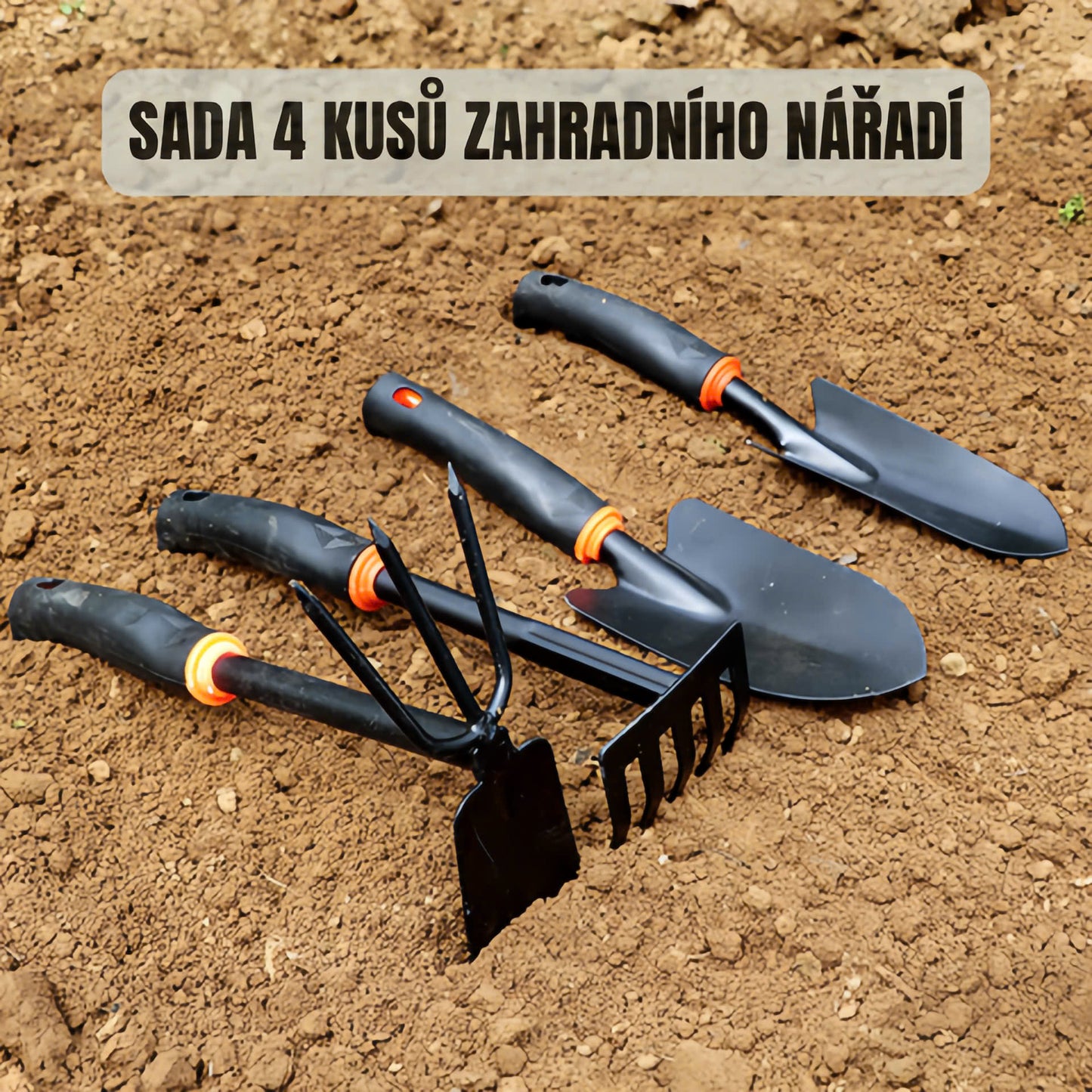 Sada zahradního nářadí obsahuje 4 kusy, velkou lopatu, malou lopatu, motyku, odolné a robustní víceúčelové hrábě
