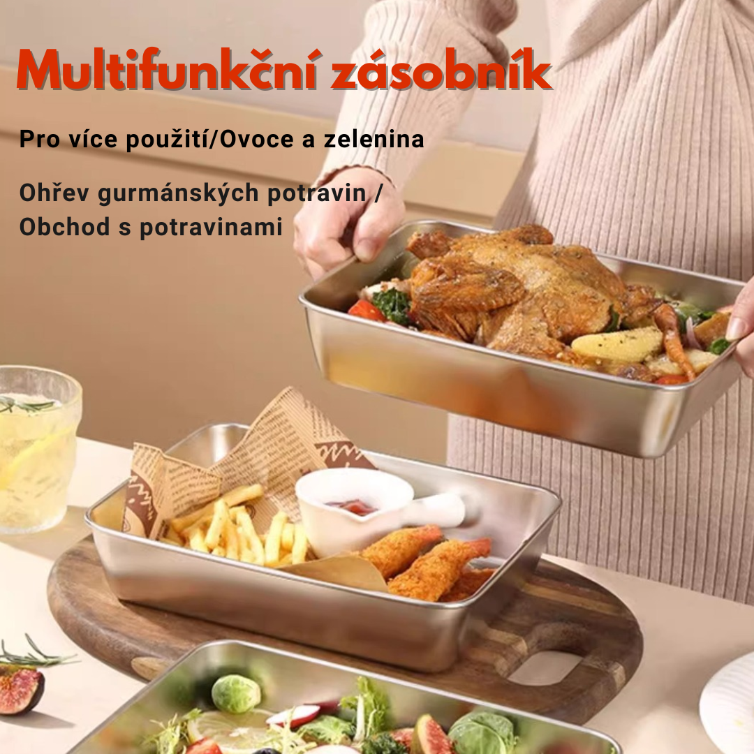 Dóza na potraviny SUS304, obdélníkový zásobník z nerezové oceli s gumovým víkem, zdravotně nezávadný. (25x20x6cm)
