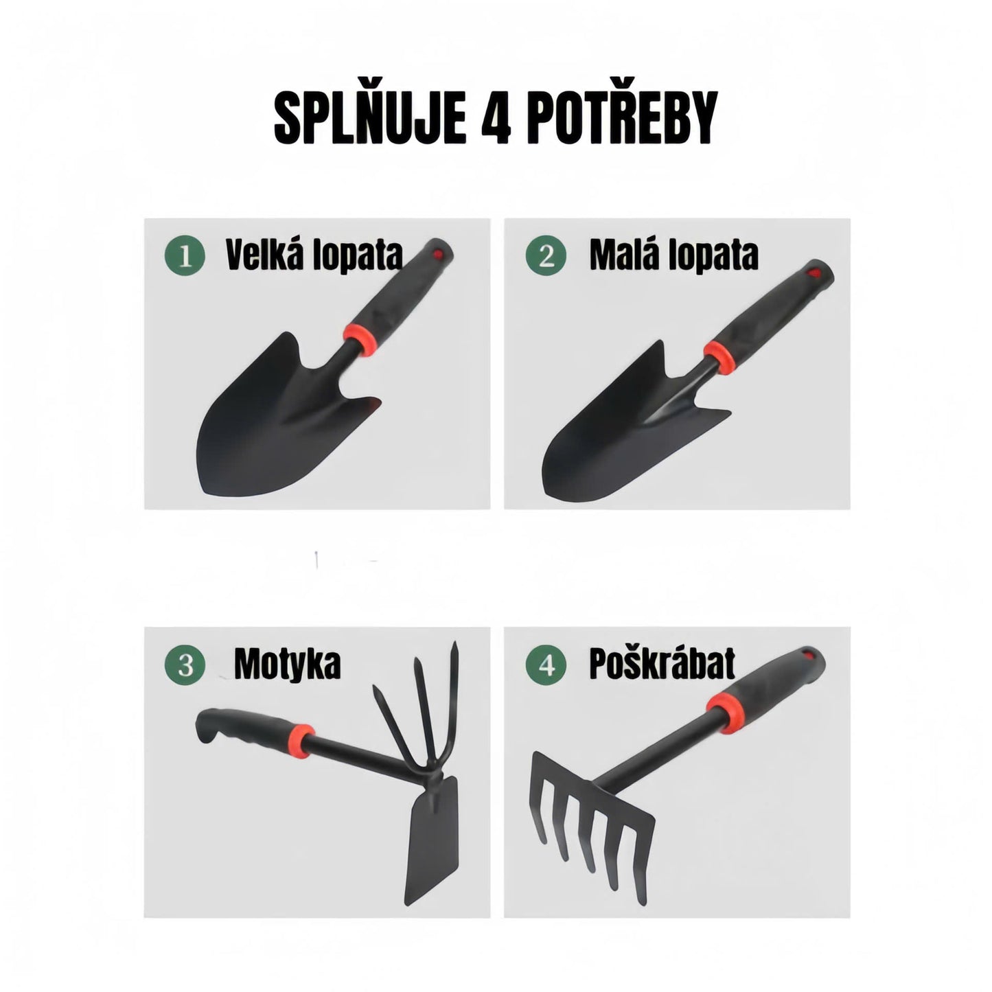 Sada zahradního nářadí obsahuje 4 kusy, velkou lopatu, malou lopatu, motyku, odolné a robustní víceúčelové hrábě