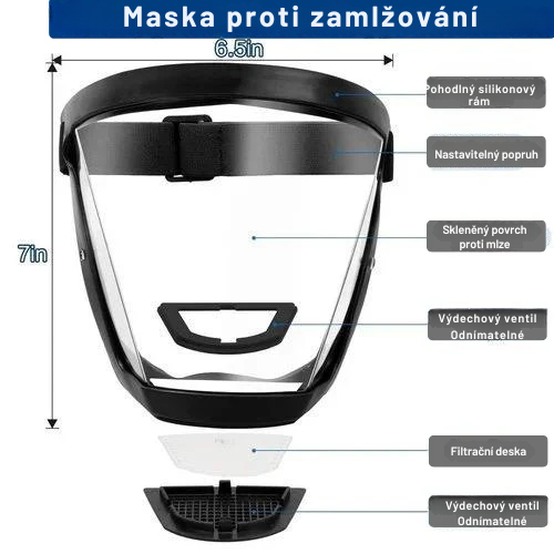 Kšilt chrání obličej před jemným prachem a mlhou