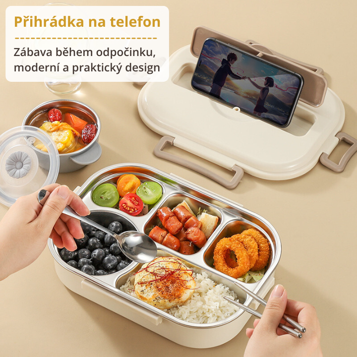 Nerezová ocelová krabička na oběd s praktickými přihrádkami, kompletní sada na jídlo, dárek navíc: 1 kulatá krabička