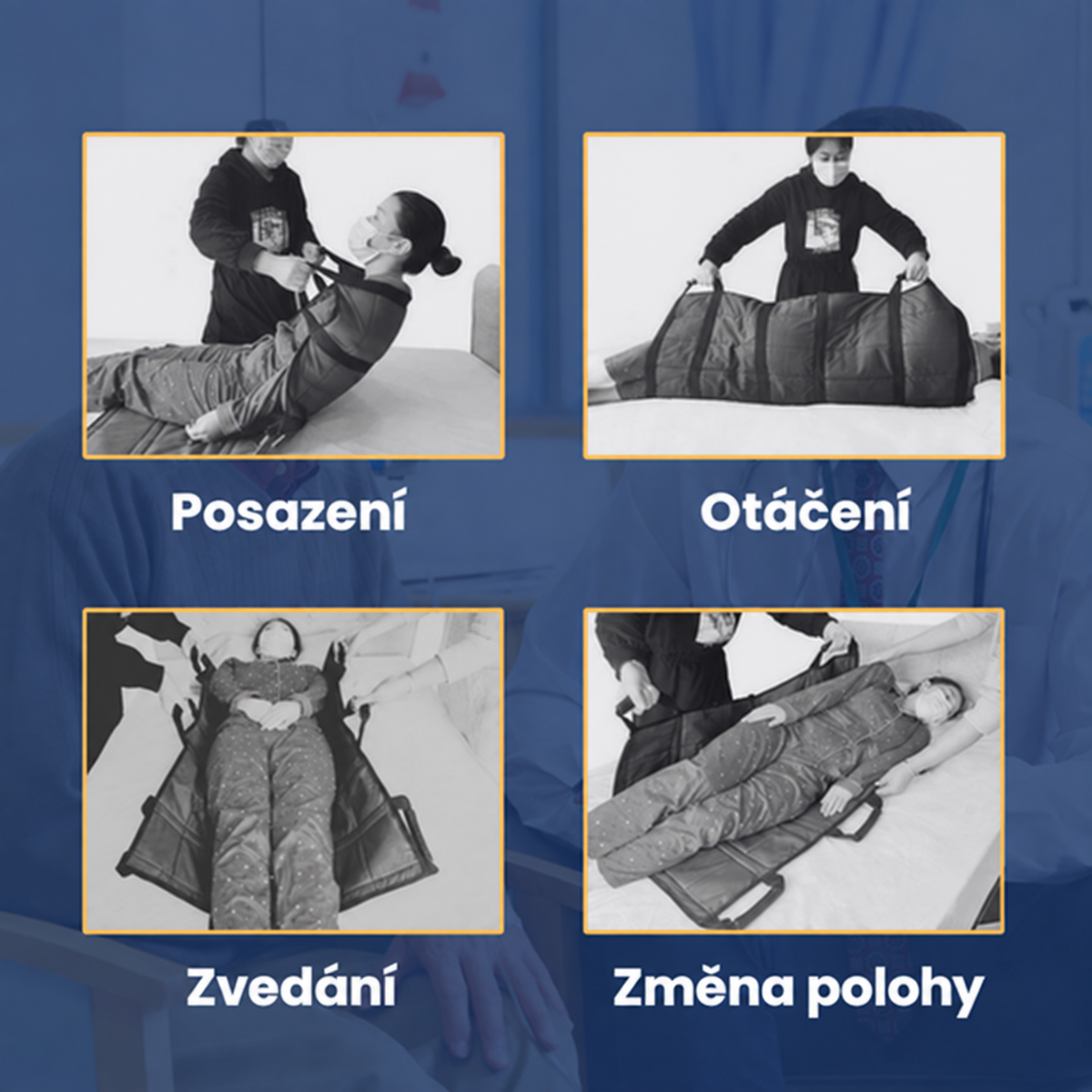 Podložka pro přesun pacientů se 6 zesílenými madly, víceúčelová zdravotnická podložka pro lůžko a seniory