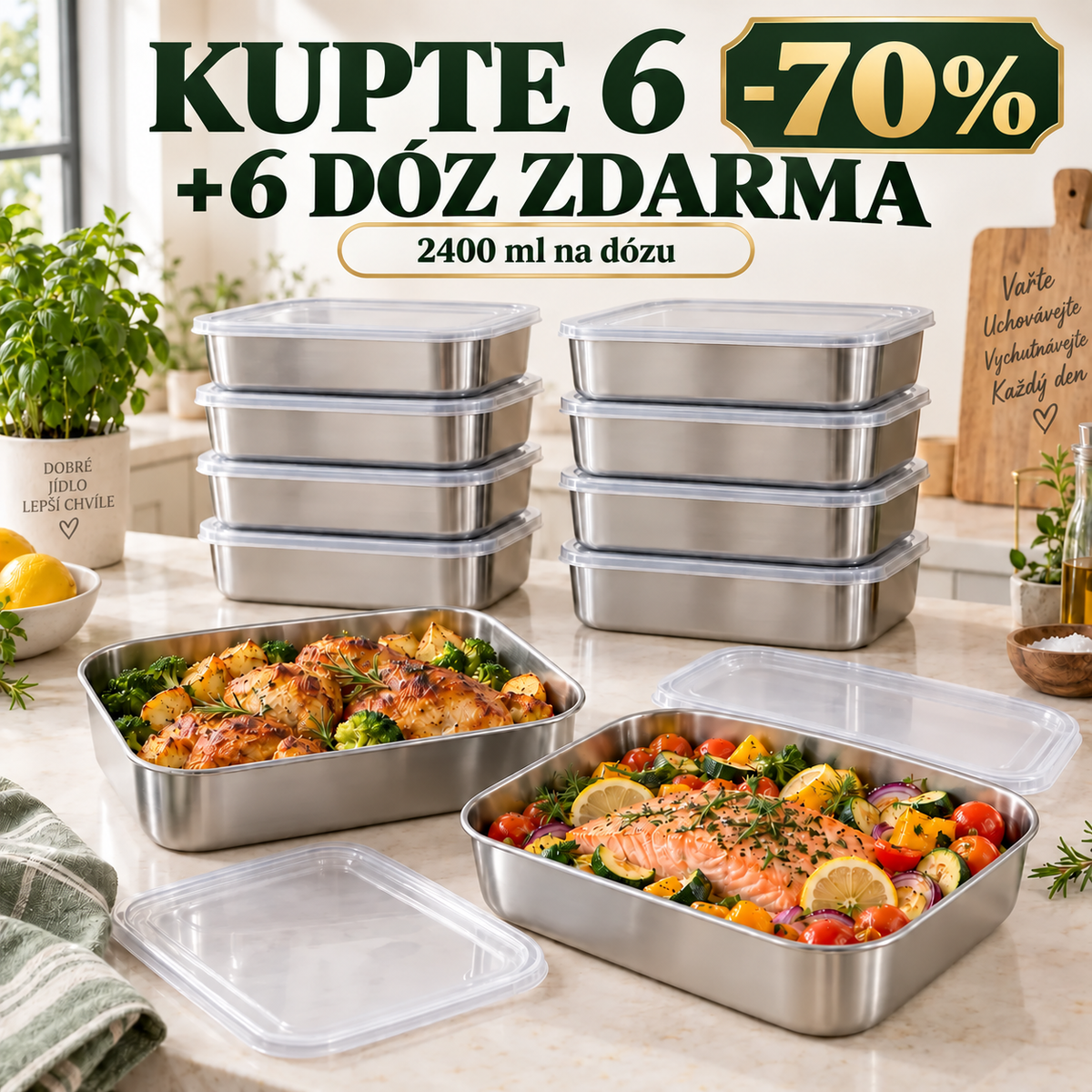 SLEVA 70 % + 6 KUSŮ ZDARMA | Dózy z nerezové oceli 304, 2400 ml