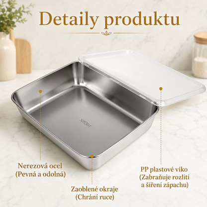 Nádoba z nerezové oceli 304 o objemu 2500 ml – Bezpečné a praktické řešení pro uchovávání potravin (25×20×6 cm)