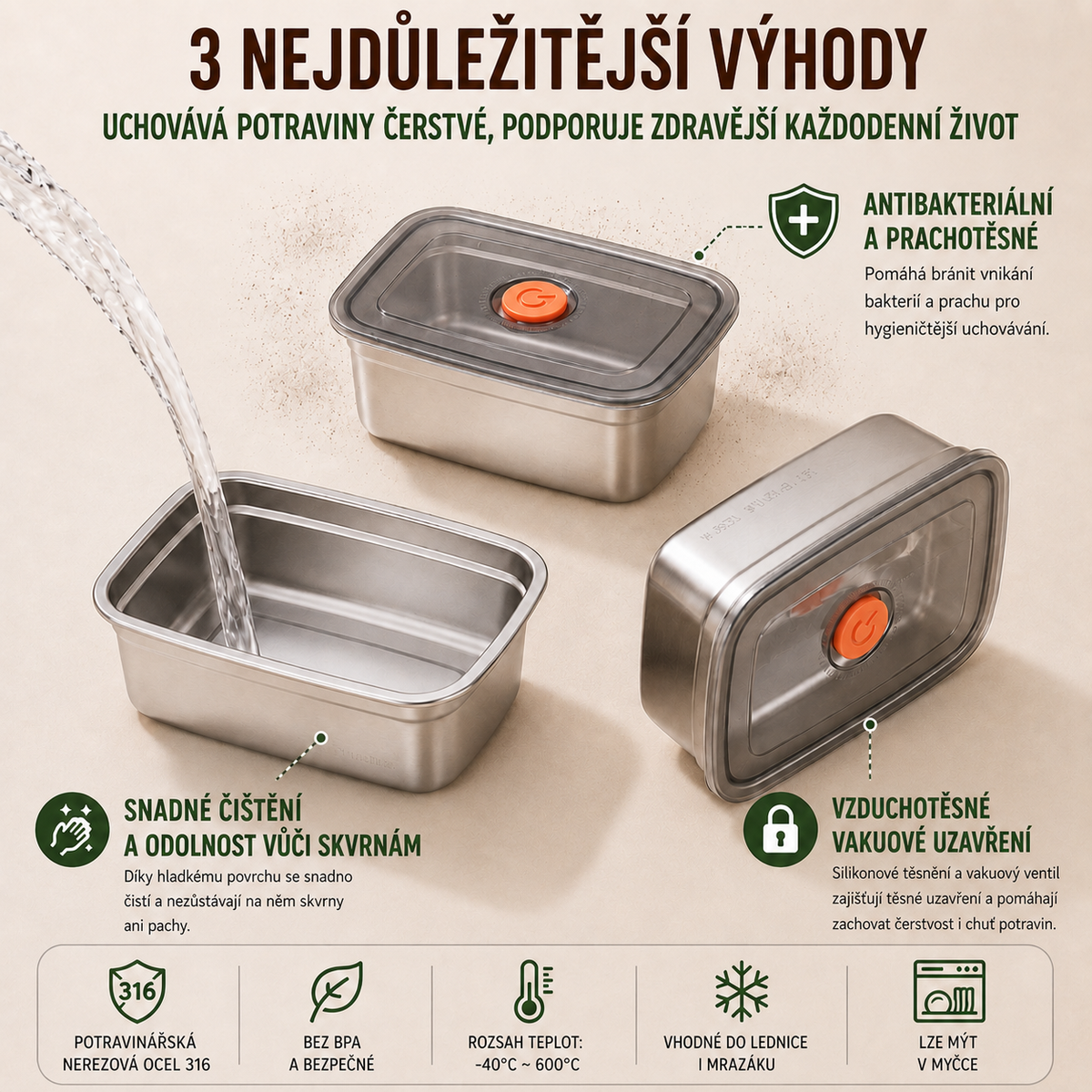Antibakteriální Vakuová Nádoba Na Potraviny Z Nerezové Oceli, Velká Velikost 1500ml (19x4x8 cm)