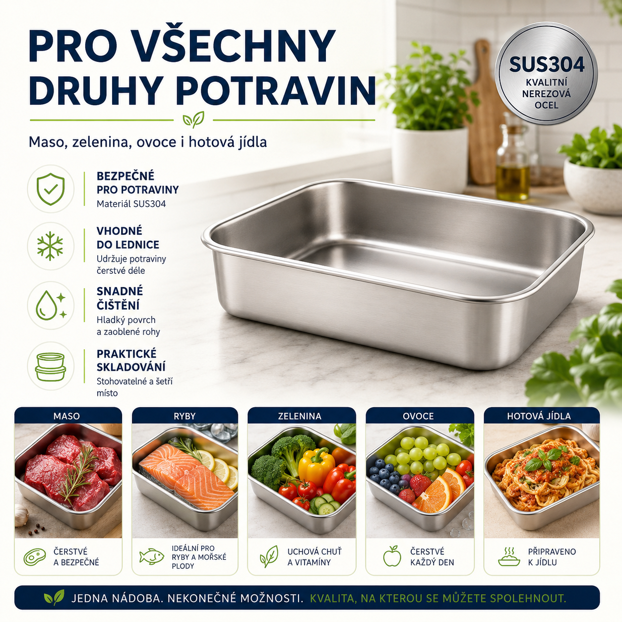 Nádoba z nerezové oceli 304 o objemu 2500 ml – Bezpečné a praktické řešení pro uchovávání potravin (25×20×6 cm)
