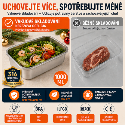 🥘 (6 + 🎁3 ZDARMA) Vakuová nádoba z oceli 316, 1000ML — německá kvalita | Čerstvé jídlo 5× déle