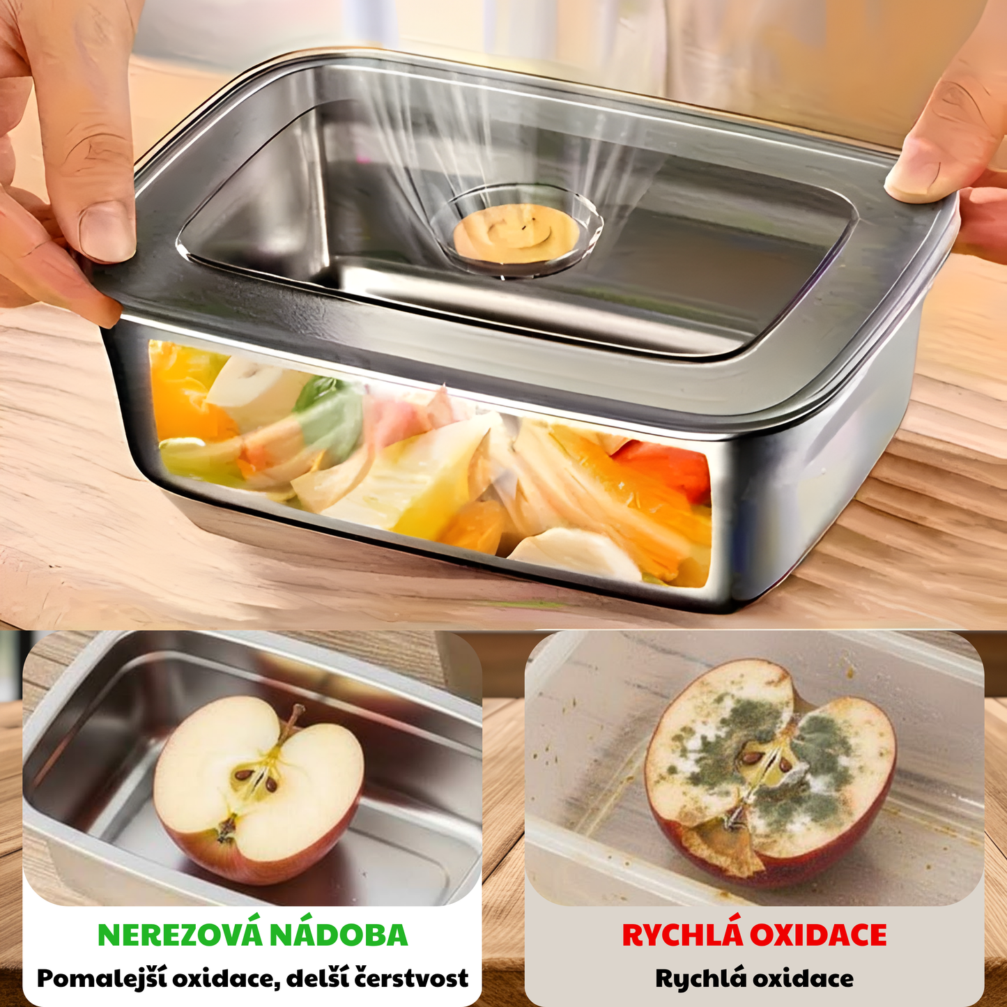 Velká vakuová nádoba na potraviny z antibakteriální nerezové oceli, 1000 ml (19 × 14 × 6 cm)