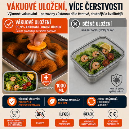🥘 (6 + 🎁3 ZDARMA) Vakuová nádoba z oceli 316, 1000ML — německá kvalita | Čerstvé jídlo 5× déle
