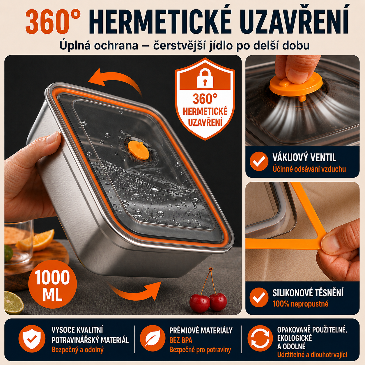 🥘 (6 + 🎁3 ZDARMA) Vakuová nádoba z oceli 316, 1000ML — německá kvalita | Čerstvé jídlo 5× déle