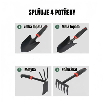 Sada zahradního nářadí obsahuje 4 kusy, velkou lopatu, malou lopatu, motyku, odolné a robustní víceúčelové hrábě