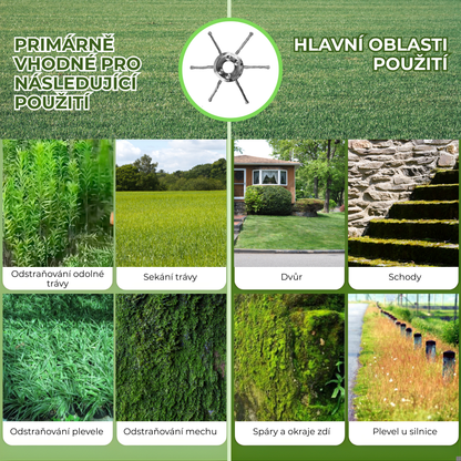 Hlava křovinořezu má 6 spletených ramen z odolného ocelového drátu.