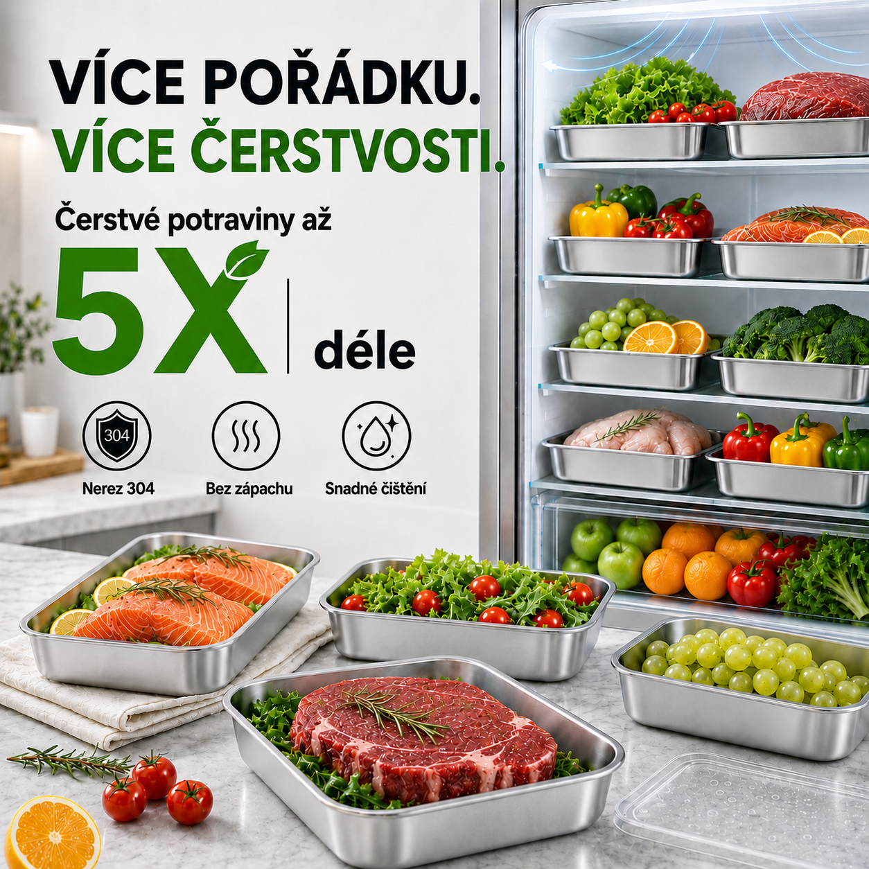 Nerezová nádoba z oceli 304 – Lednice bez zápachu, potraviny čerstvé po celý týden.