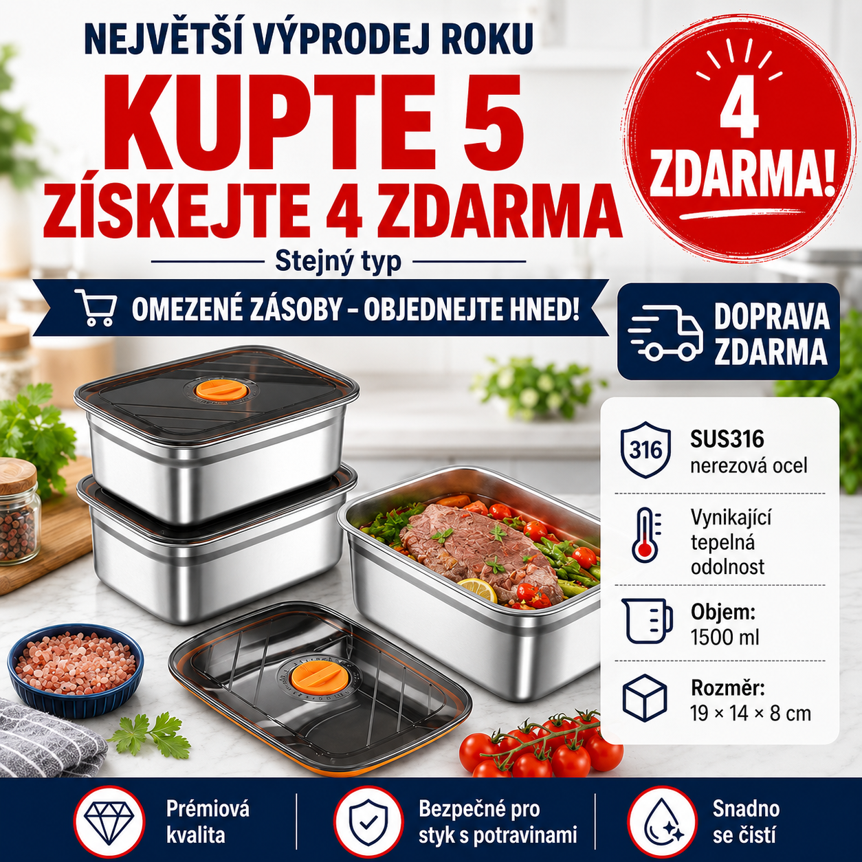 Nádoba z nerezové oceli 316 o objemu 1500 ml – Bezpečné a praktické řešení pro uchovávání potravin (19 × 14 × 8 cm)