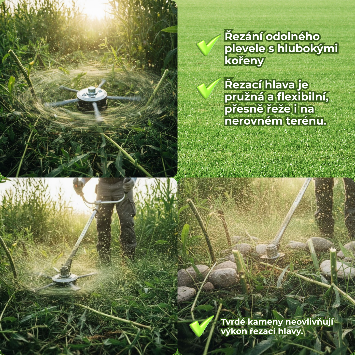 Hlava křovinořezu má 6 spletených ramen z odolného ocelového drátu.