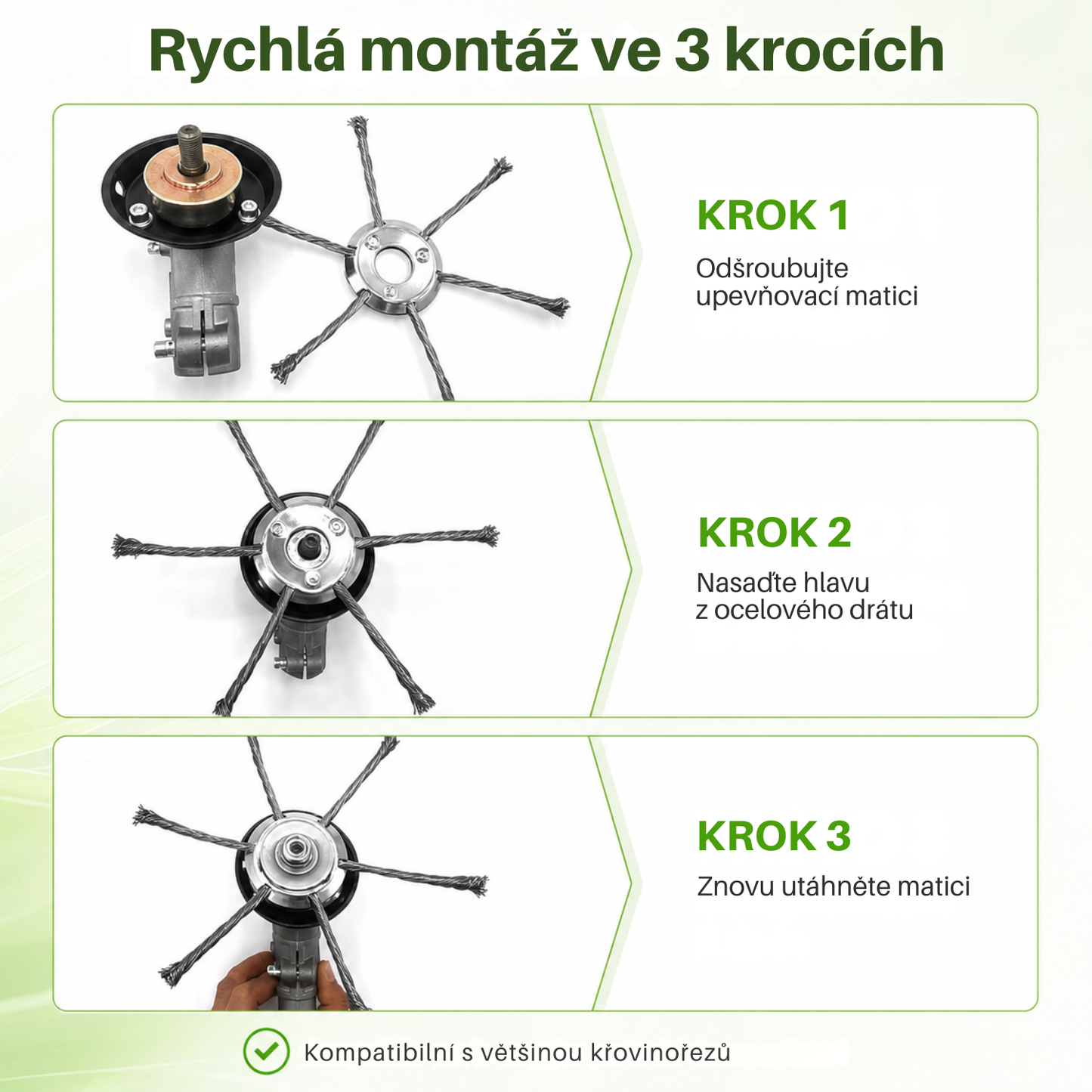 Sekací hlava sekačky má 6 ramen ze splétaného odolného ocelového drátu