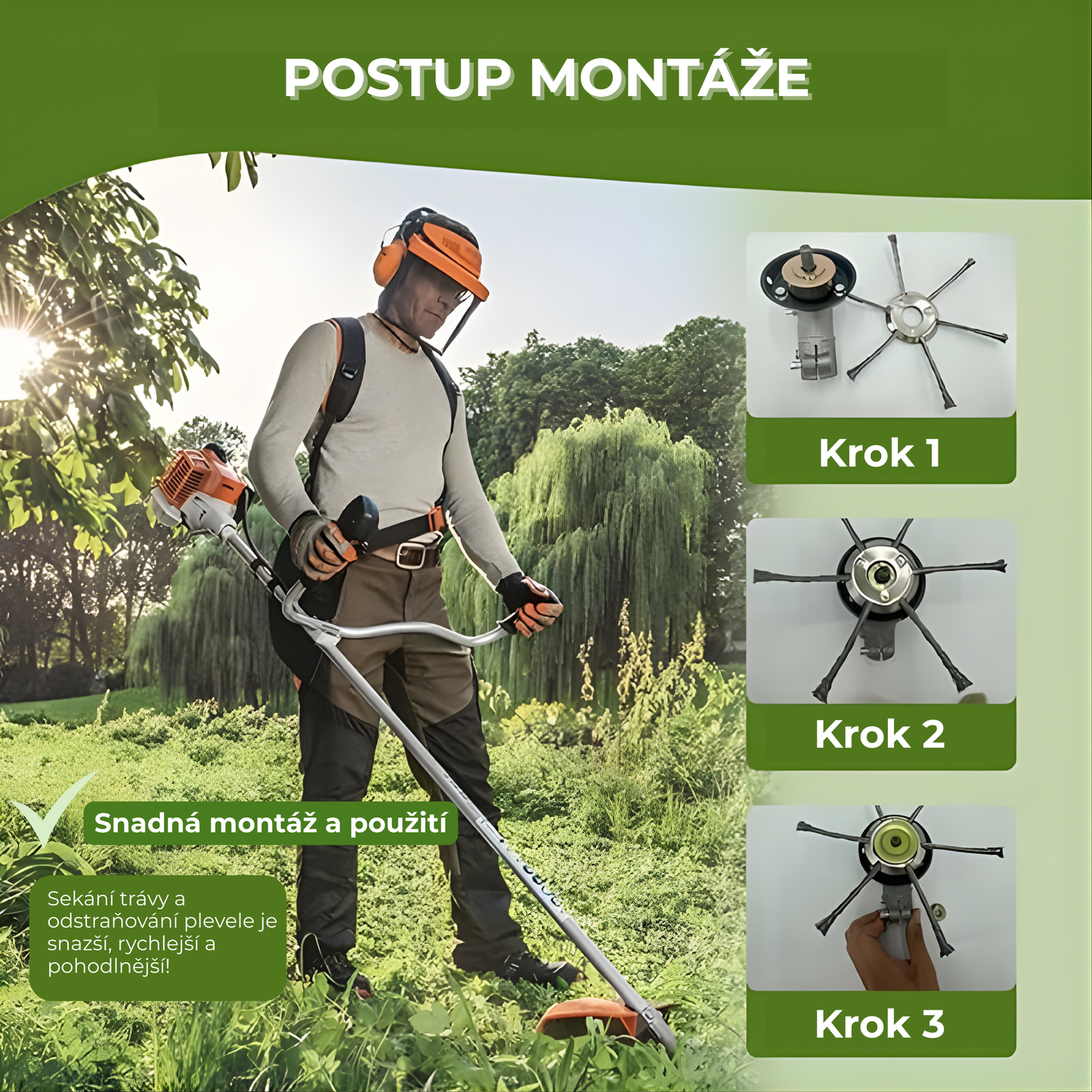 Hlava křovinořezu má 6 spletených ramen z odolného ocelového drátu.