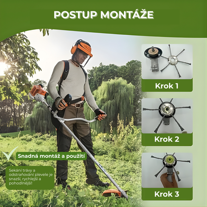 Hlava křovinořezu má 6 spletených ramen z odolného ocelového drátu.