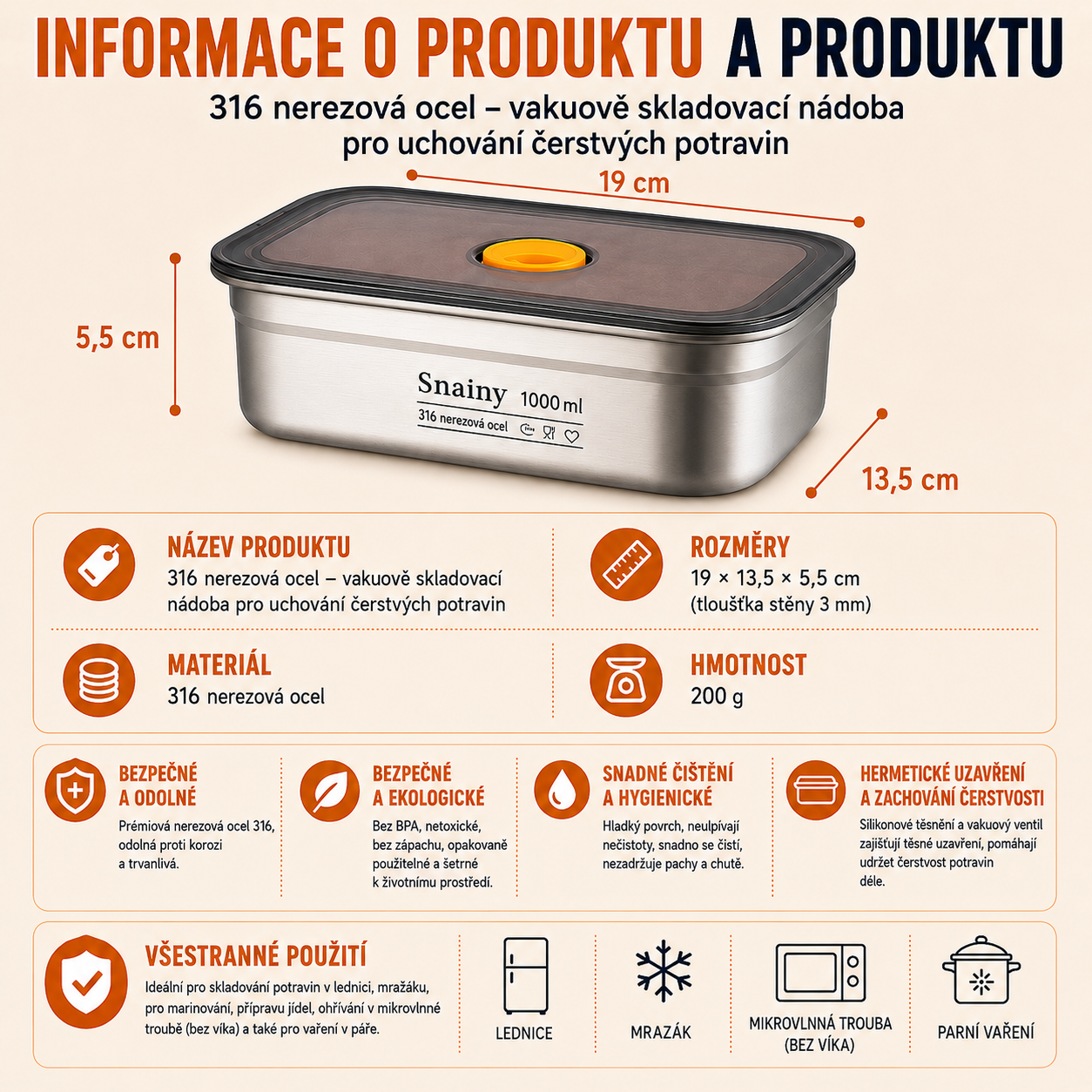 🥘 (6 + 🎁3 ZDARMA) Vakuová nádoba z oceli 316, 1000ML — německá kvalita | Čerstvé jídlo 5× déle
