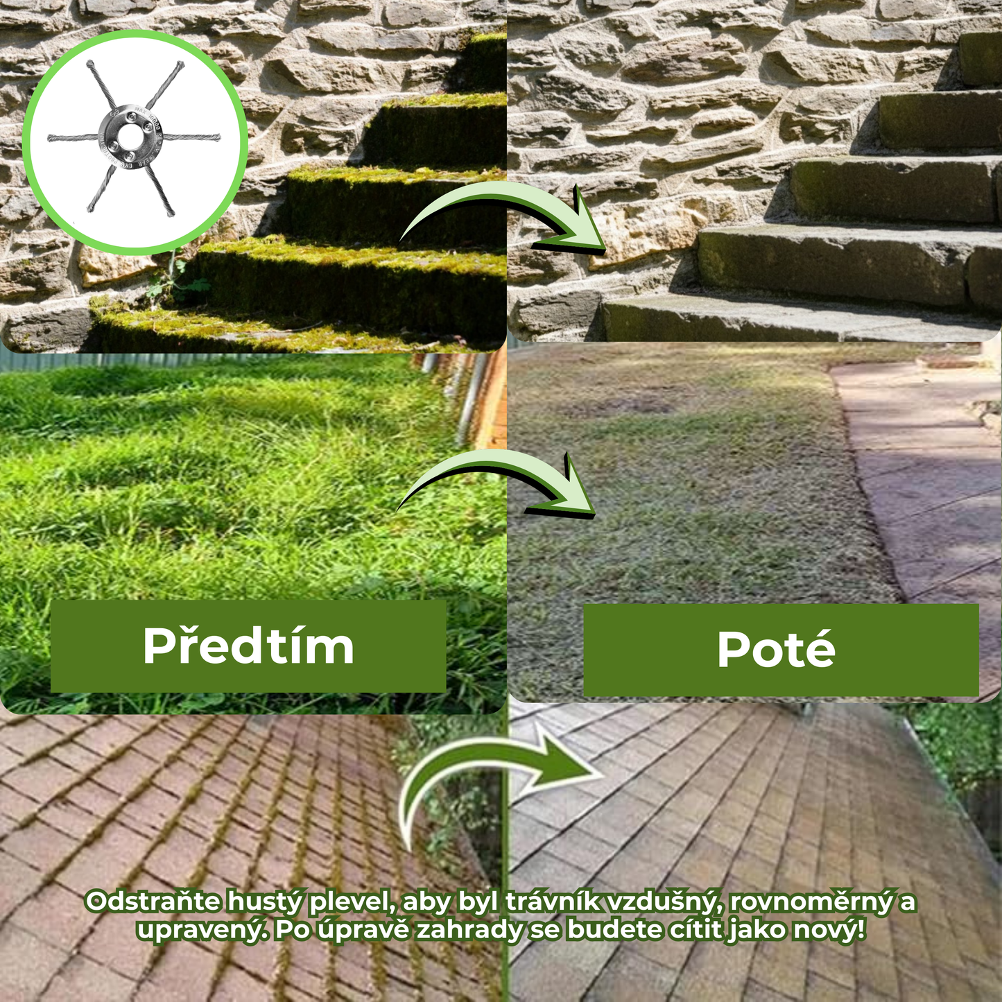 Hlava křovinořezu má 6 spletených ramen z odolného ocelového drátu.