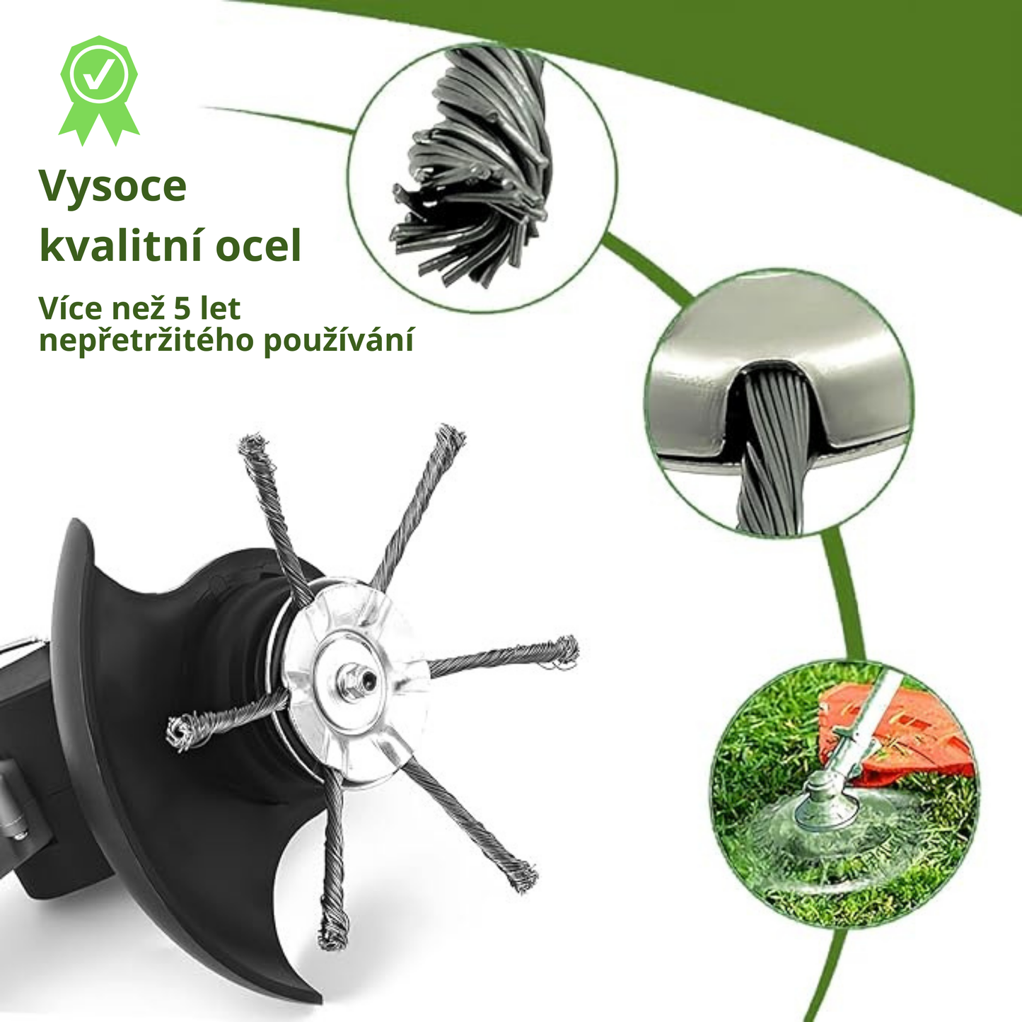 Hlava křovinořezu má 6 spletených ramen z odolného ocelového drátu.