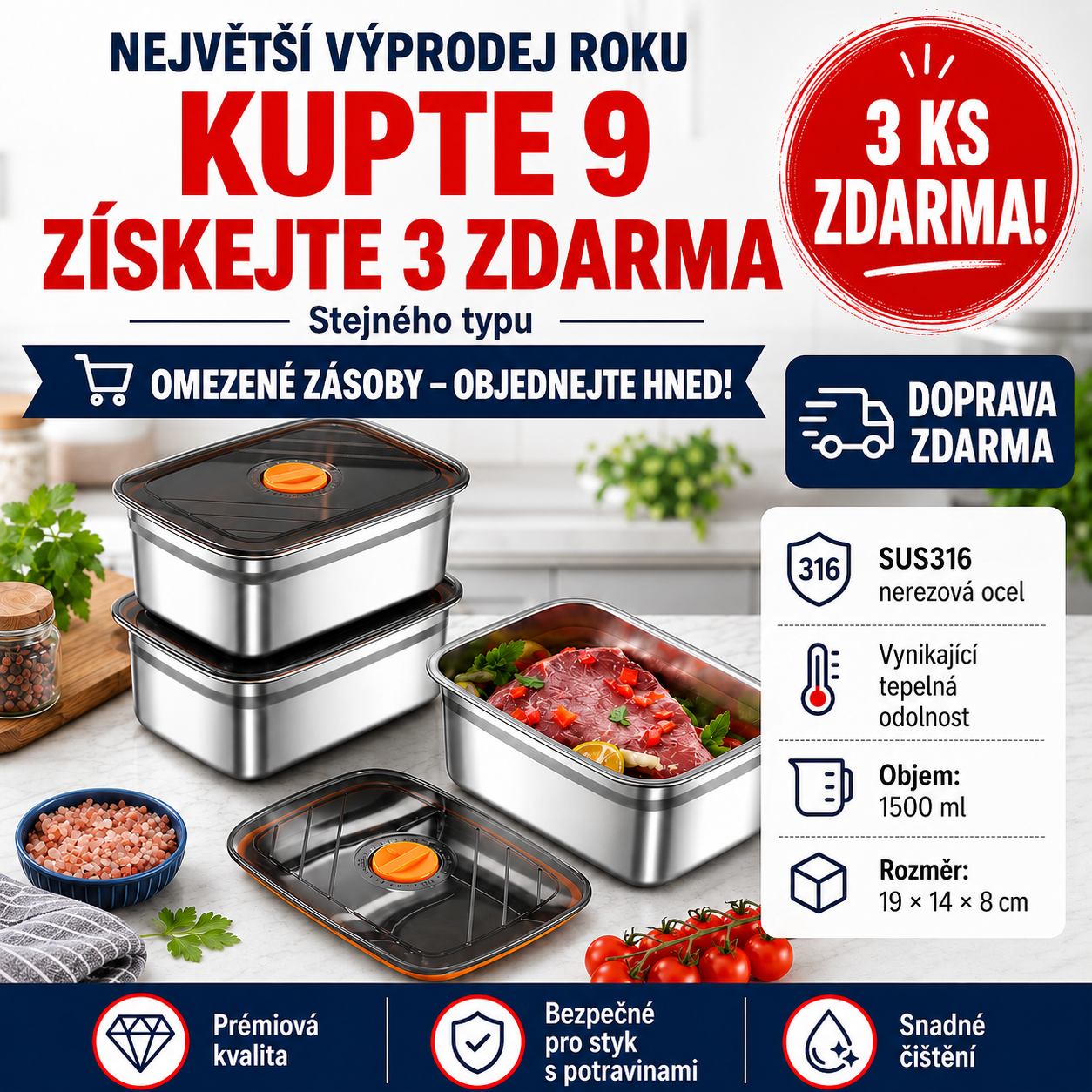 Nádoba z nerezové oceli 316 o objemu 1500 ml – Bezpečné a praktické řešení pro uchovávání potravin (19 × 14 × 8 cm)
