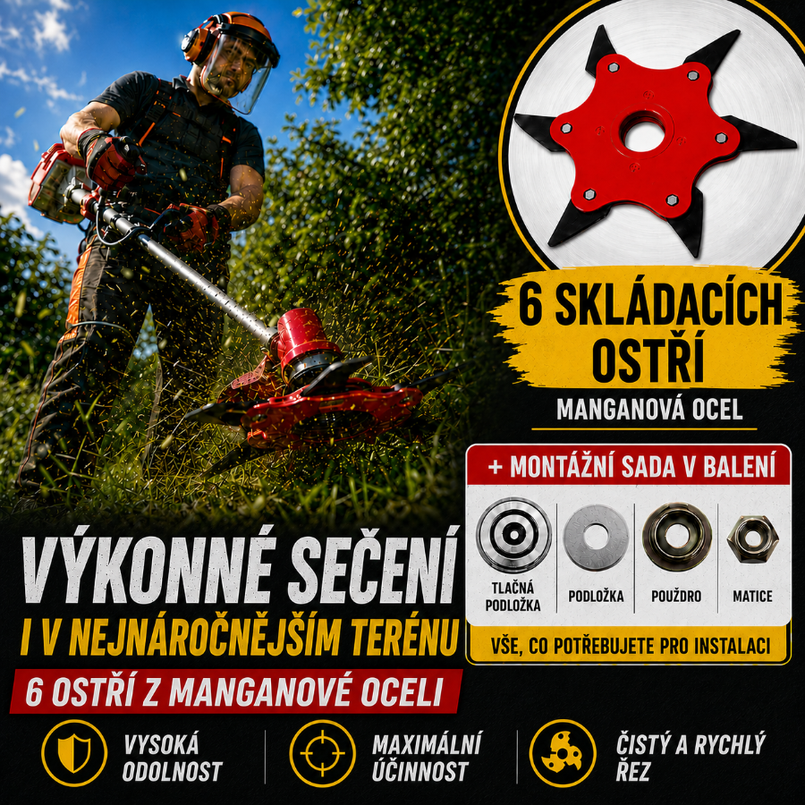 6 čepelí z manganové oceli – vysoký řezný výkon, dlouhá životnost + příslušenství