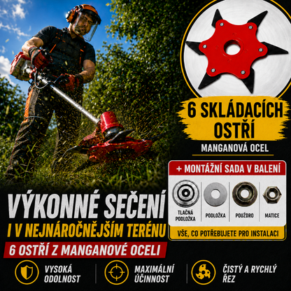 6 čepelí z manganové oceli – vysoký řezný výkon, dlouhá životnost + příslušenství