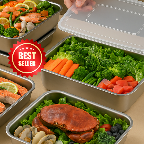 SUS304 Nádoby Na Ukládání Potravin, Obdélníkové Nerezové Tácy S Gumovými Víky (25x20x5cm)