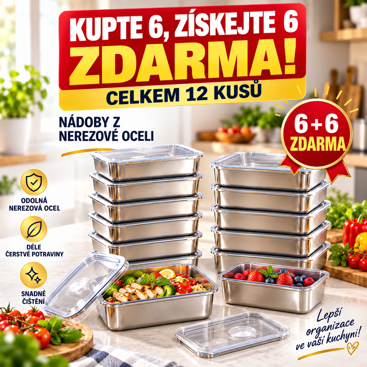 [🎁ZÍSKEJTE 12, ZAPLAŤTE 6] Potravinové Dózy Z Nerezové Oceli 304 (Velká velikost – 2400 ml)
