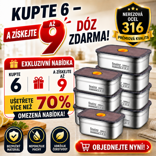 🥘 (6 + 🎁3 ZDARMA) Vakuová nádoba z oceli 316, 1000ML — německá kvalita | Čerstvé jídlo 5× déle