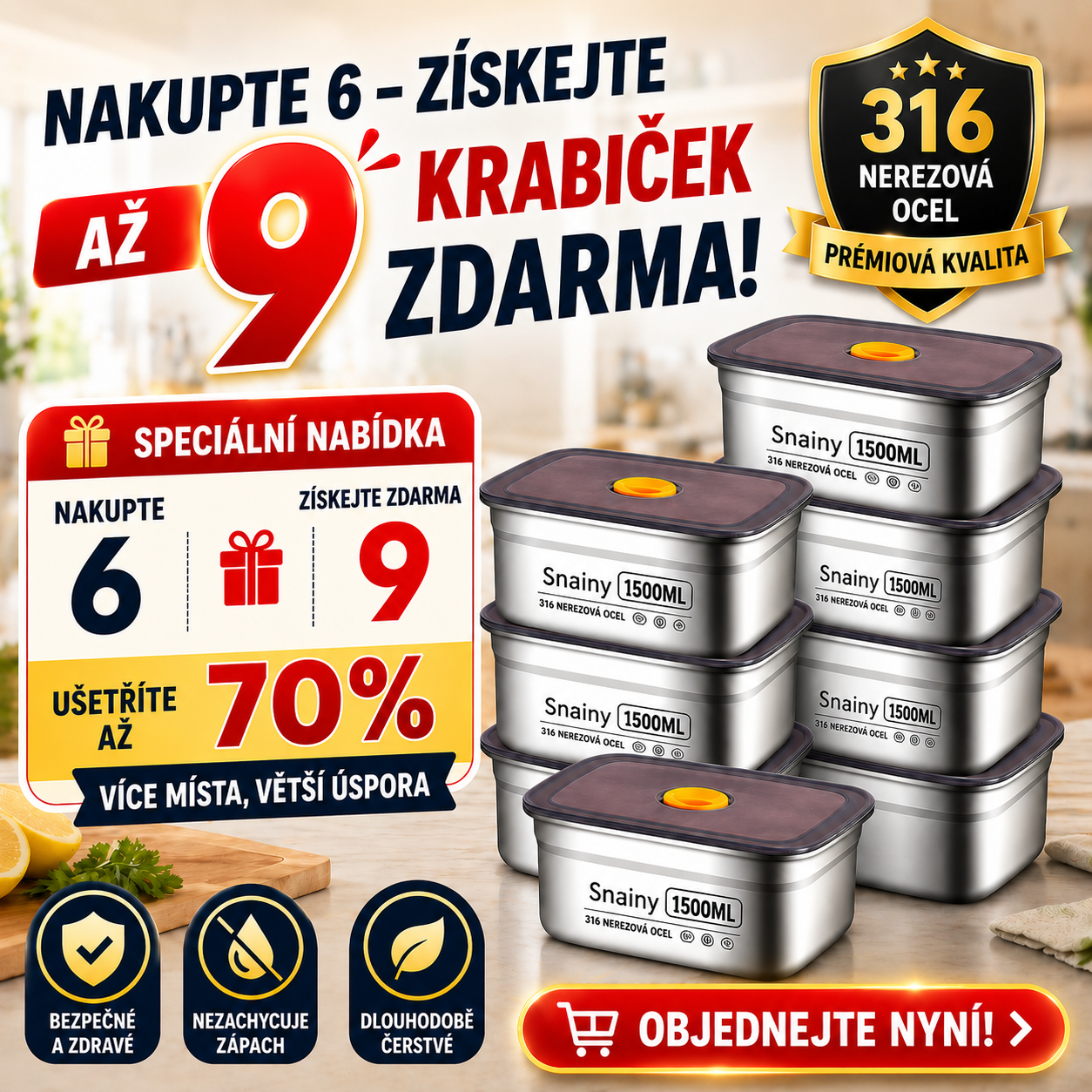 6 + 🎁3 ZDARMA | Potravinové Dózy Z Nerezové Oceli 316 –  Kompaktní, těsné, bez BPA