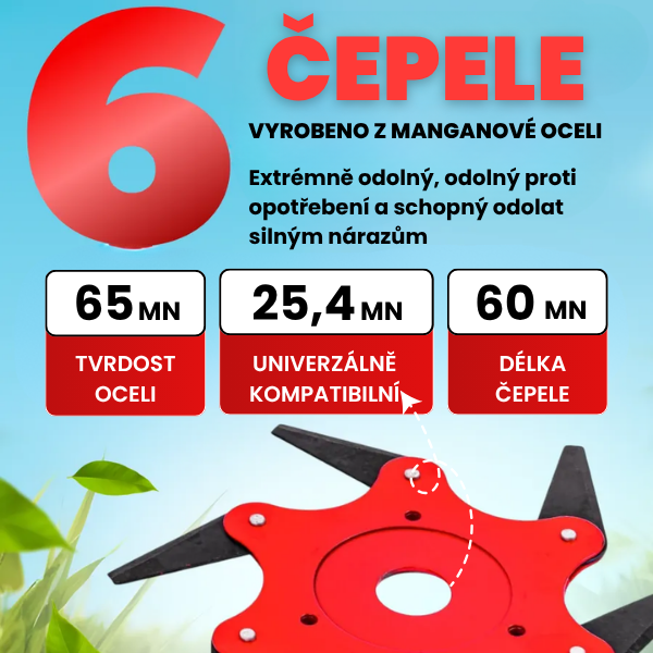 Řezací hlava má 6 super odolných čepelí z manganové oceli (příslušenství je součástí balení)
