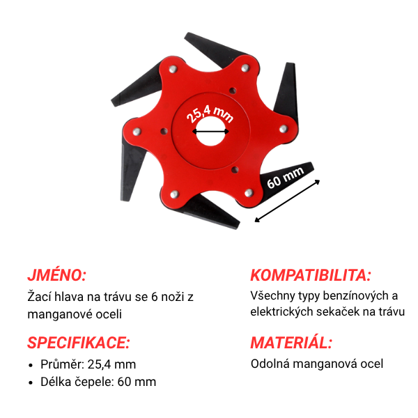 Řezací hlava má 6 super odolných čepelí z manganové oceli (příslušenství je součástí balení)