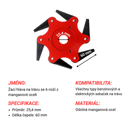 Řezací hlava má 6 super odolných čepelí z manganové oceli (příslušenství je součástí balení)