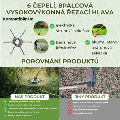 Hlava křovinořezu má 6 spletených ramen z odolného ocelového drátu.