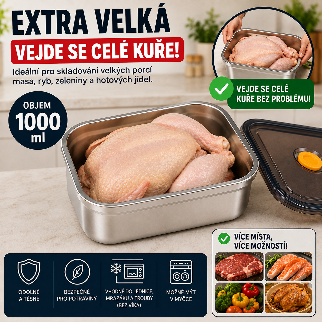 ✨ [🎁ZÍSKEJTE 12, ZAPLAŤTE 6] Potravinové Dózy Z Nerezové Oceli 316 ( Velká velikost – 1000 ml)