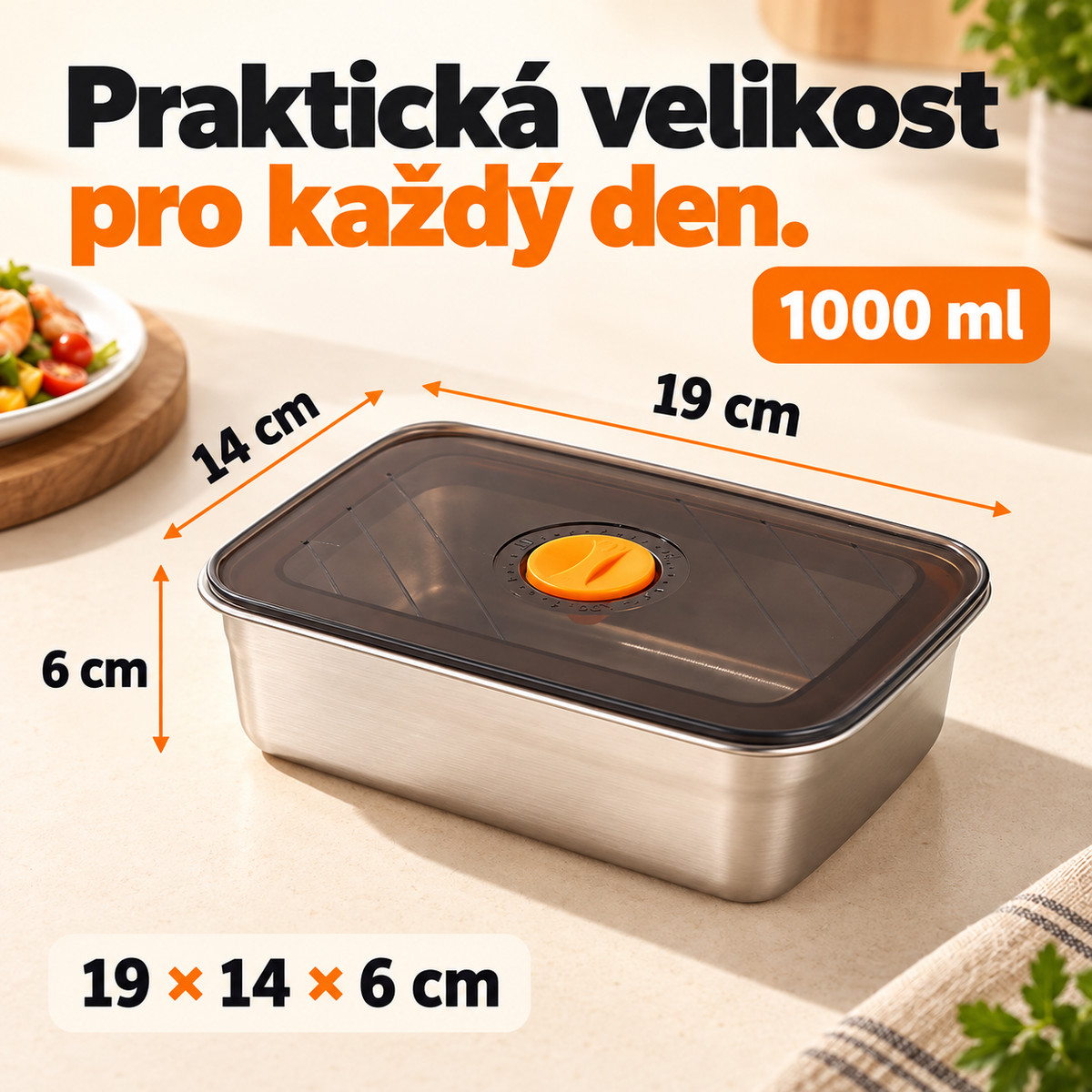 Vakuová dóza na potraviny z nerezové oceli 316 (19 × 14 × 6 cm)
