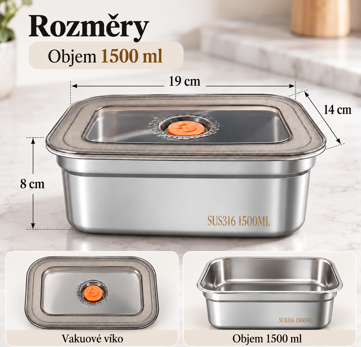 Dóza na potraviny z nerezové oceli 316 s vakuovým víkem – 1500 ml (19 x 14 x 8 cm)
