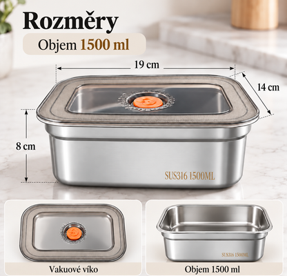 Dóza na potraviny z nerezové oceli 316 s vakuovým víkem – 1500 ml (19 x 14 x 8 cm)