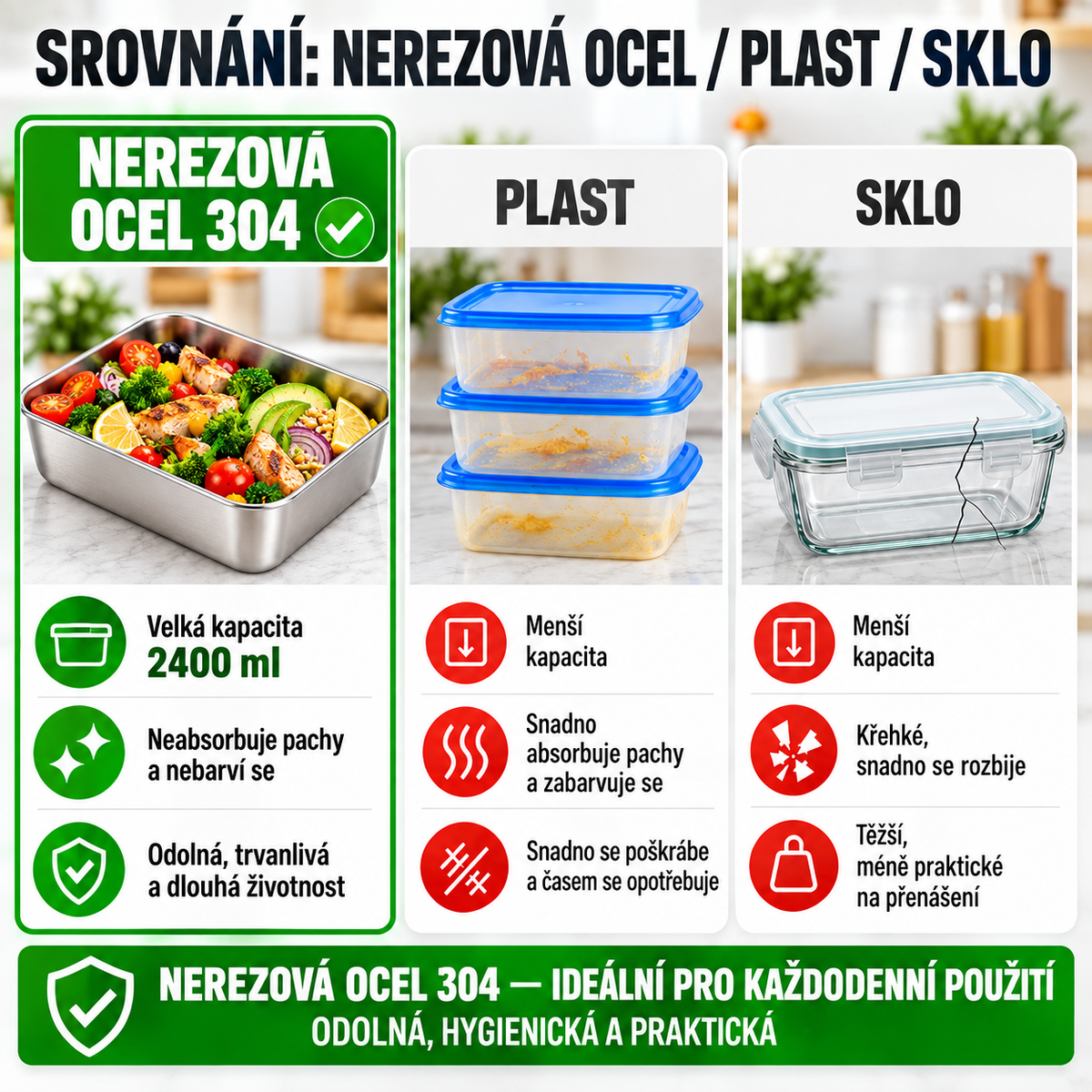 [🎁ZÍSKEJTE 12, ZAPLAŤTE 6] Potravinové Dózy Z Nerezové Oceli 304 (Velká velikost – 2400 ml)