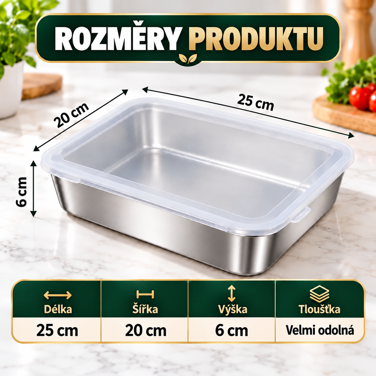 Prémiová nádoba z nerezové oceli 304 se silikonovým víkem (25 × 20 × 6 cm)
