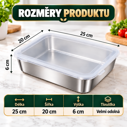 Prémiová nádoba z nerezové oceli 304 se silikonovým víkem (25 × 20 × 6 cm)